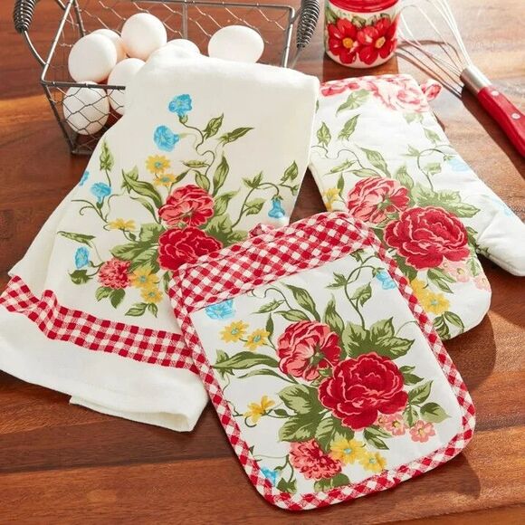 Pioneer Woman Sweet Rose 3-Piece Kitchen Set: Kitchen Towel, Oven Mitt & Pot Hol - Picture 2 of 9